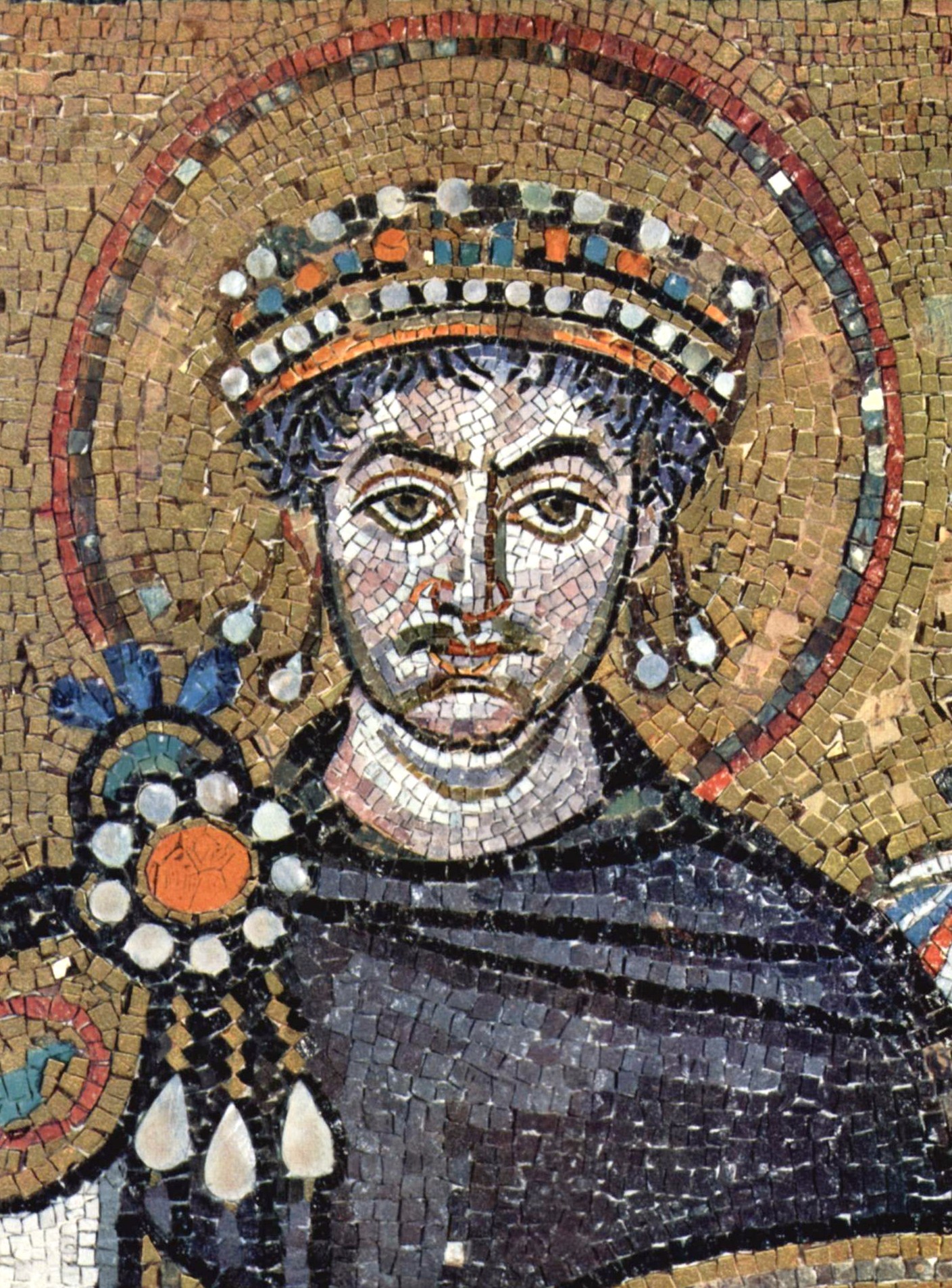 Emperor Justinian I and his retinue. Detail of Byzantine mosaic decoration, completed by 547